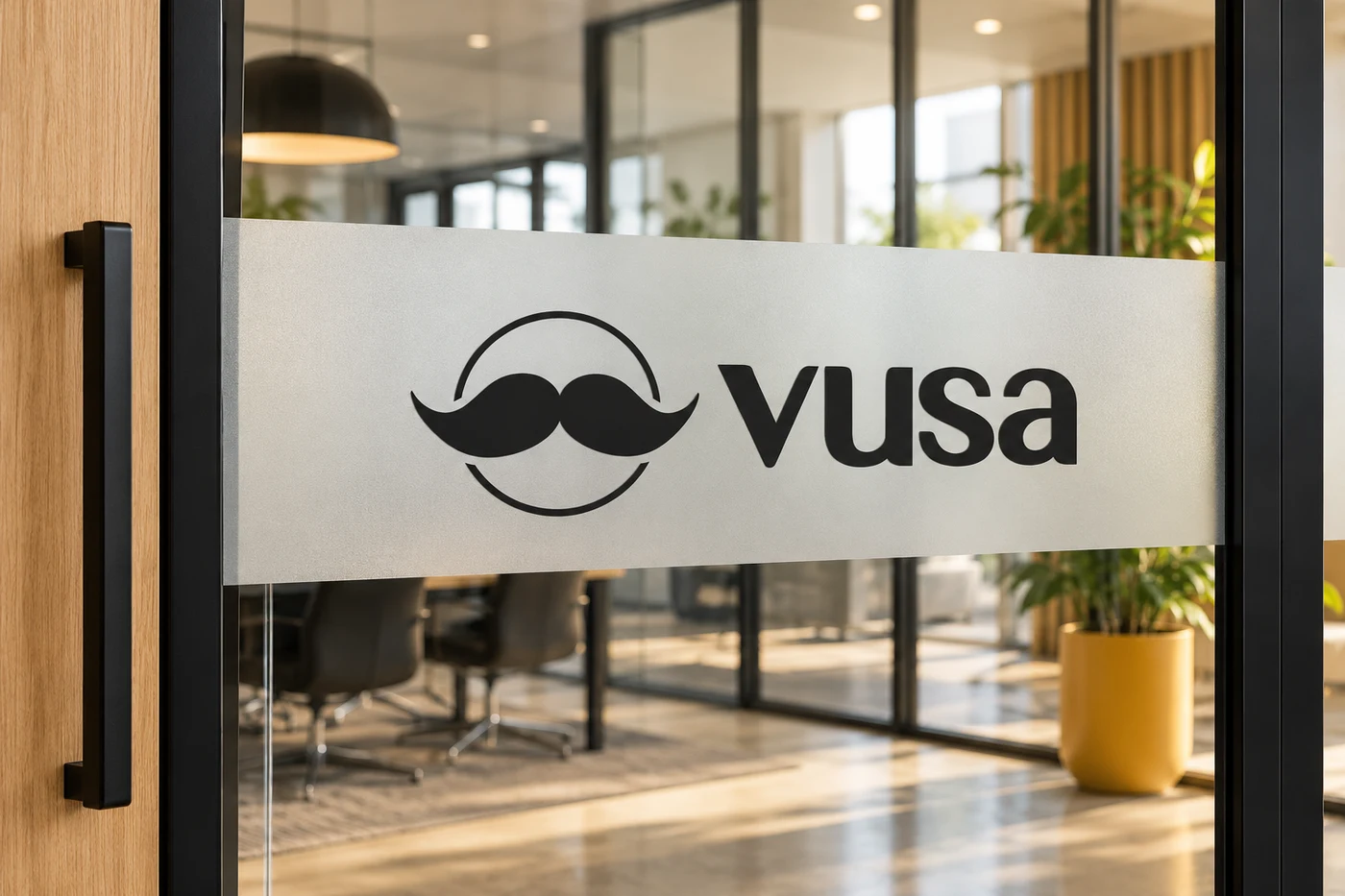 Folia szroniona z logo VUSA na przeszkleniu biura