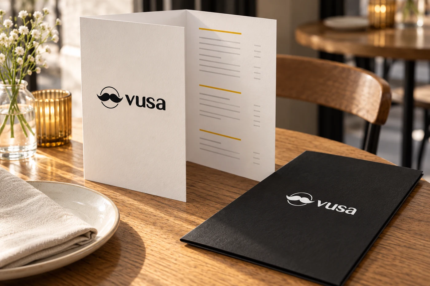 Karty menu VUSA w aranżacji restauracyjnej