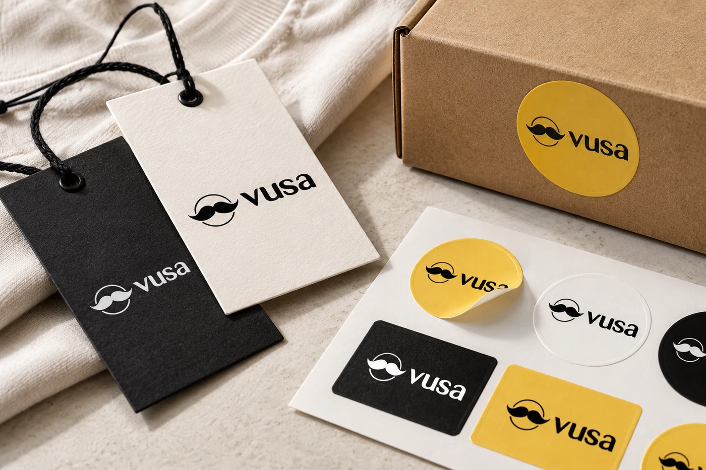 Metki, zawieszki i naklejki VUSA z logo bez sloganu