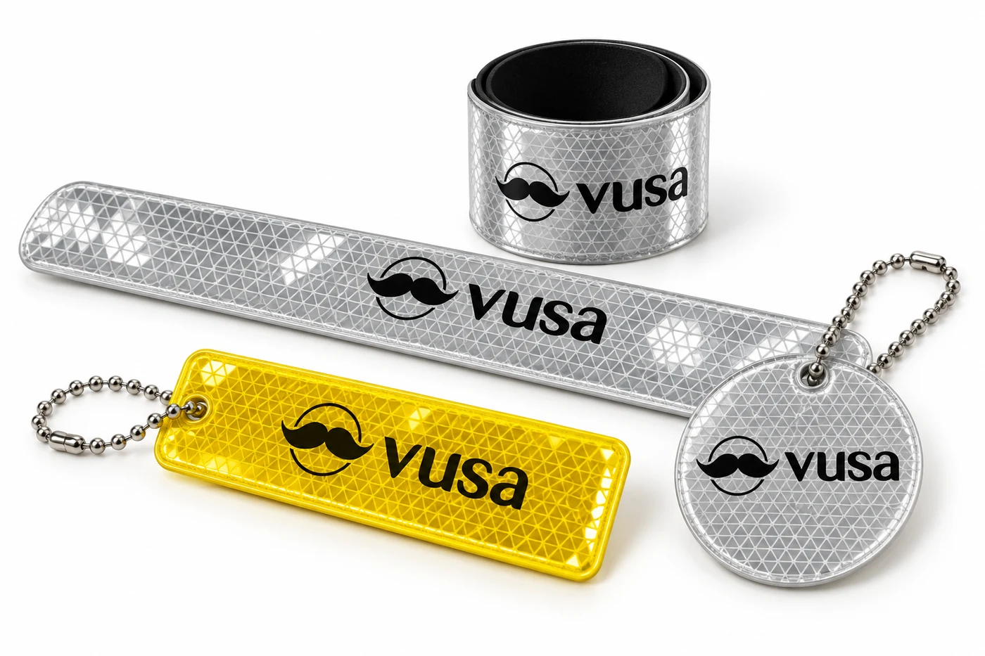 Gadżety odblaskowe z logo VUSA bez sloganu — wizualizacja produktów
