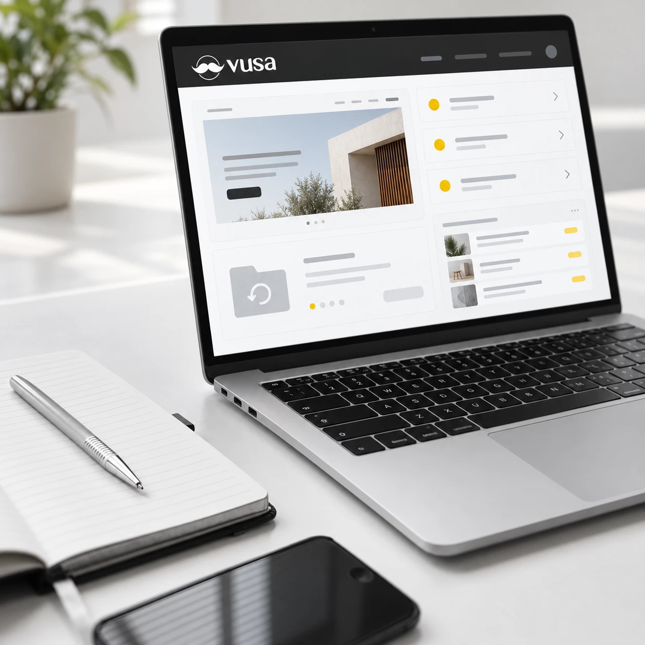 Koncepcyjny widok obsługi strony na laptopie z logo VUSA bez sloganu